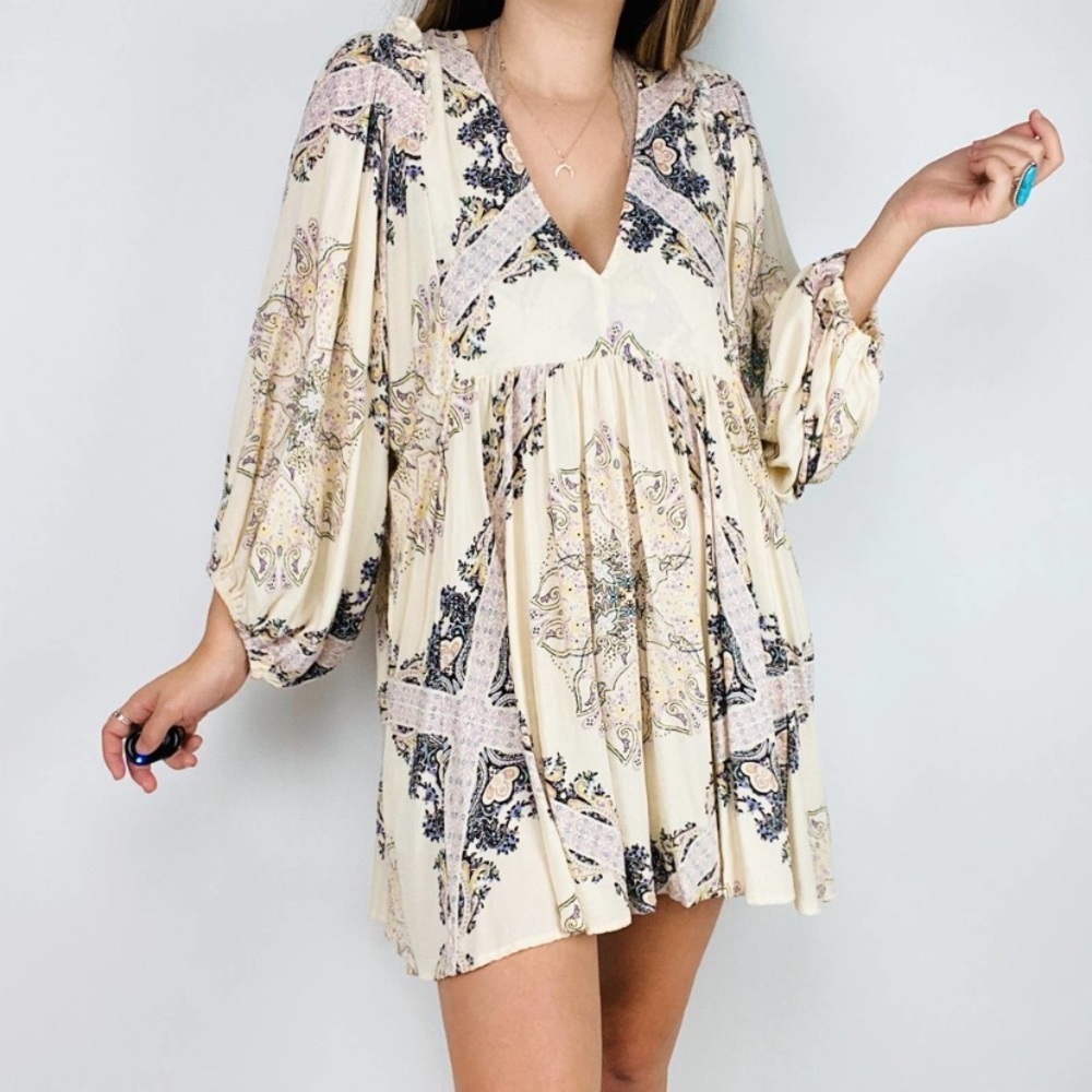 Free People Balloon Long Sleeve Cream Print Dress